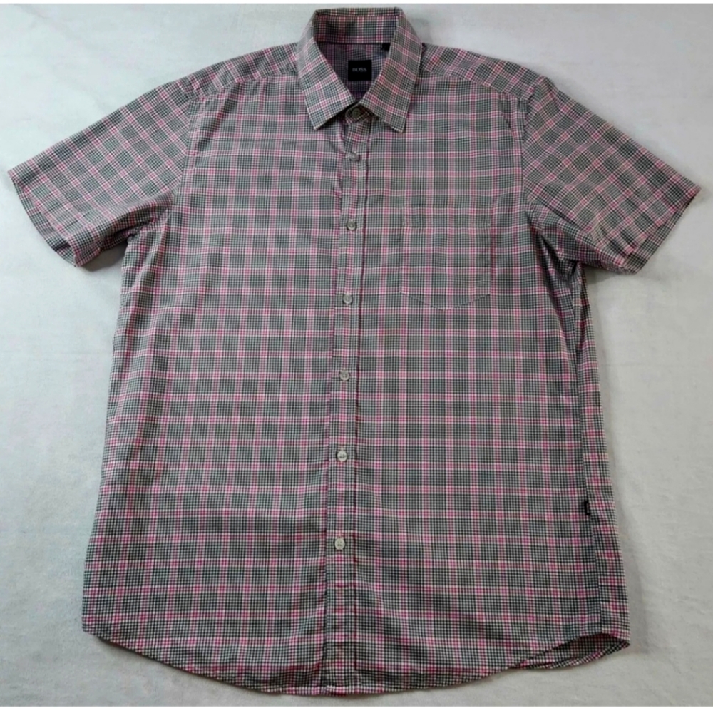 Hugo Boss Mens Large Burton Down Shirt 100% Cotton Gray Pink Plaid 42" Chest